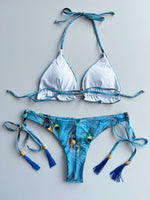 Sexy print women's bikini swimsuit split set with straps and tassels 2-piece set for summer beach swimsuit