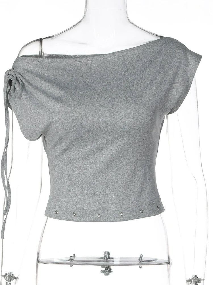 FDYOUI Women's Diagonal Collar Gray T-shirts Y2K Female Off Shoulder Lace-up Holes Cropped Tops Casual Black T Shirt Streetwear