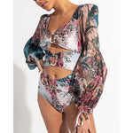 One Piece Swimsuit Sexy Long Sleeve Tropical Print Swimwear Women Bandage Monokini Hollow Out Bathing Suit String Beachwear 2023