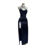 Sexy Hot Girls Slim Spaghetti Strap Long Dresses Women Solid Color Backless Package Hip Bodycon Slit Dress Party Club Vestidos