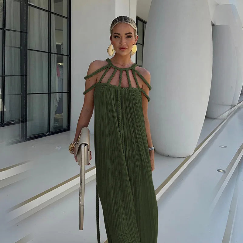 Summer Sleeveless Party Dress, Women Loungewear O-Neck Hollow Out Party Dress, Solid Color Patchwork Beach Style Ladies Dress