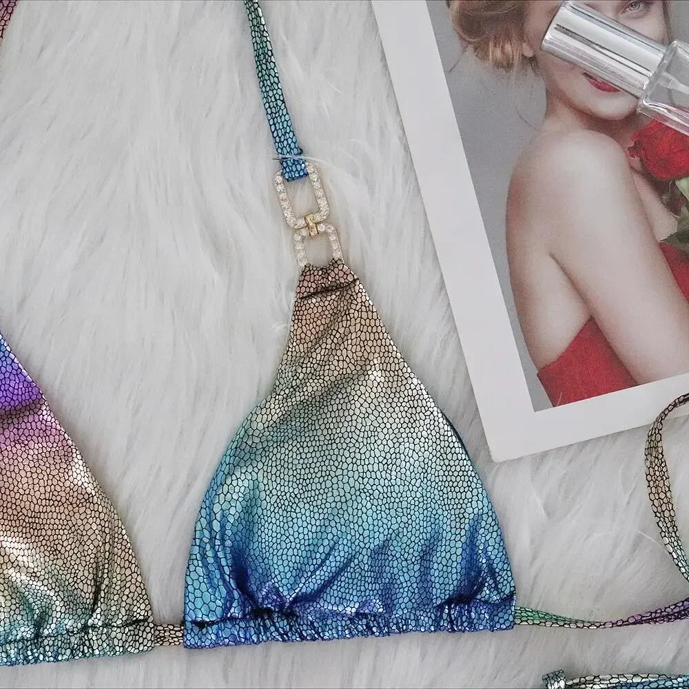 Sexy Purple Gradient Laser Bikini Set Women Shiny Snakeskin Push Up Swimsuit 2025 Luxury Rhinestone Bathing Suit Thong Swimwear