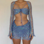 Glitter Sequins Knitted Skirt Sets Women Fashion Hollow Sequins Bandage Tube Top Mini Skirts 3 Piece Outfit Vacation Clothing