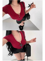 Hot Girl Sexy Hollow V-neck Tight Look Slimming Chest Cushion Short Sleeve Jumpsuit T-shirt Top Body Suits Fashion Women 256M