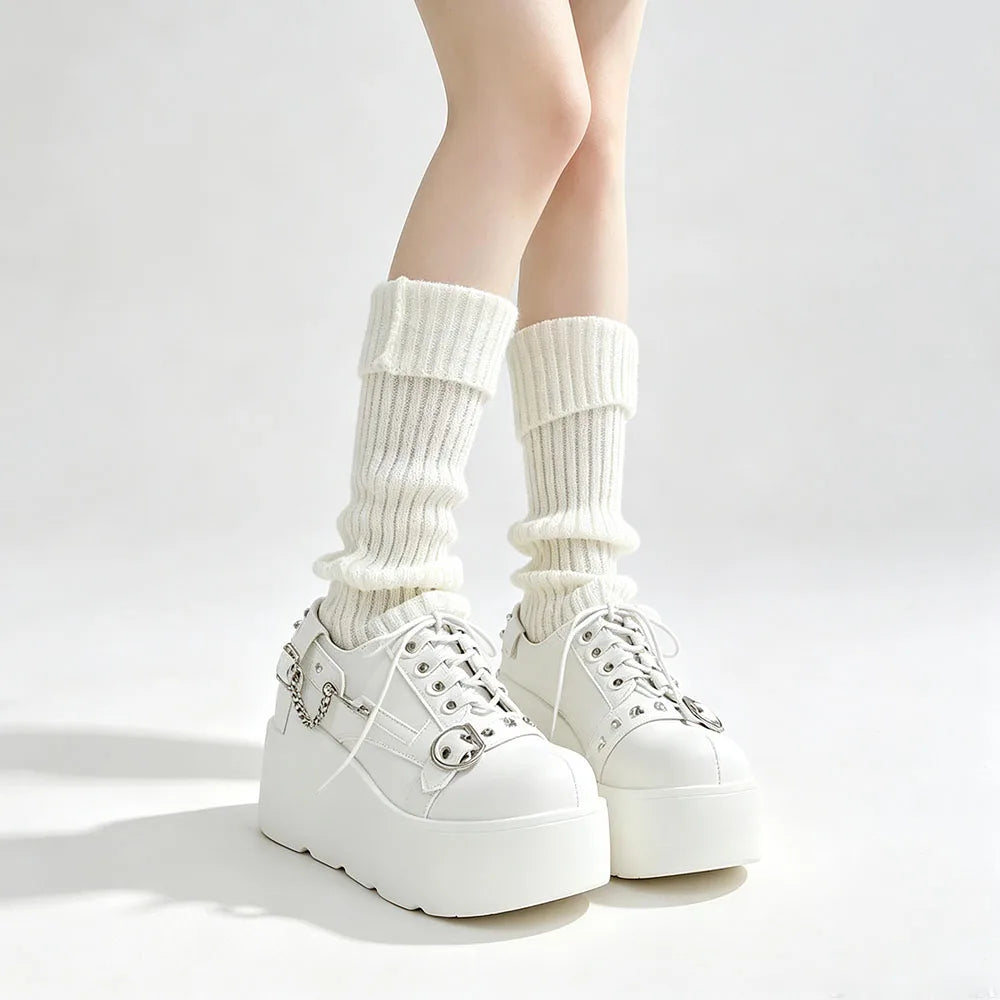 New Arrival Gothic Black Rivets Platform Creepers Shoes White Chain Decor Goth Creepers Chunky Lace Up Lolita Casual Shoes