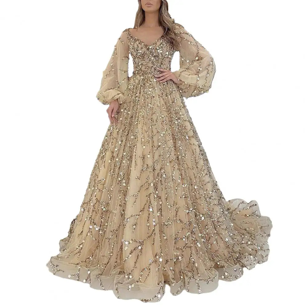 Women Evening Dress Lantern Sleeve V Neck Shiny Sequin A-line Double-layered Floor Length Mesh Cocktail Party Dress Prom Gown