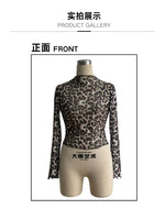 European American Women Mesh Leopard Print Tops Stand Collar Long Sleeve Short T Shirt Elegant Versatile Inner Blouse Daily Casu