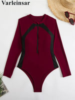 Sexy High Cut Printed Long Sleeve Zipper Surf Rash Guard One Piece Swimsuit Women Swimwear Female Bather Bathing Suit Swim V6285