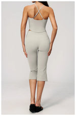 Summer New Yoga Clothing Women Solid V Neck Slim Sports Tank Top Athletic Wear High Waist Butt Lift Mid Pants Gym Fitness Suits