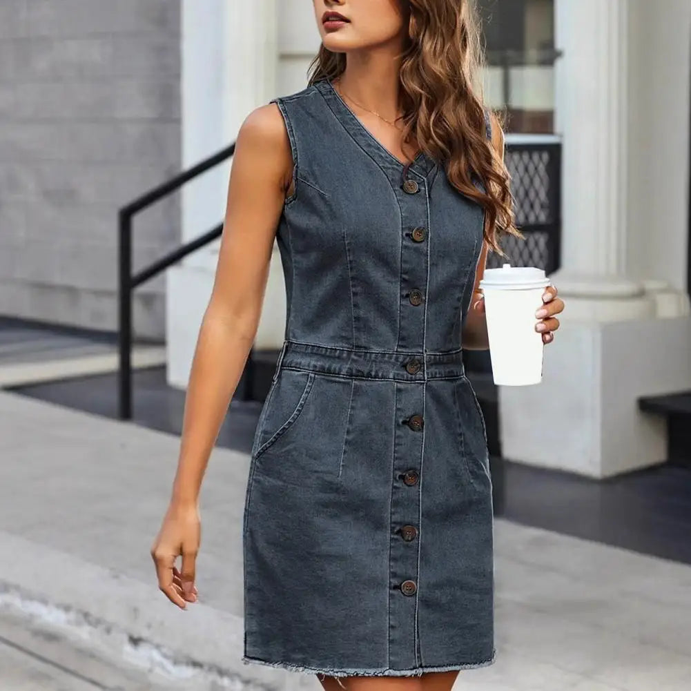 Women's Sleeveless Bodycon Denim Dress Casual V-Neck Button Down Mini Jean Dress Summer Overalls Dress with Pockets