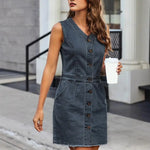 Women's Sleeveless Bodycon Denim Dress Casual V-Neck Button Down Mini Jean Dress Summer Overalls Dress with Pockets