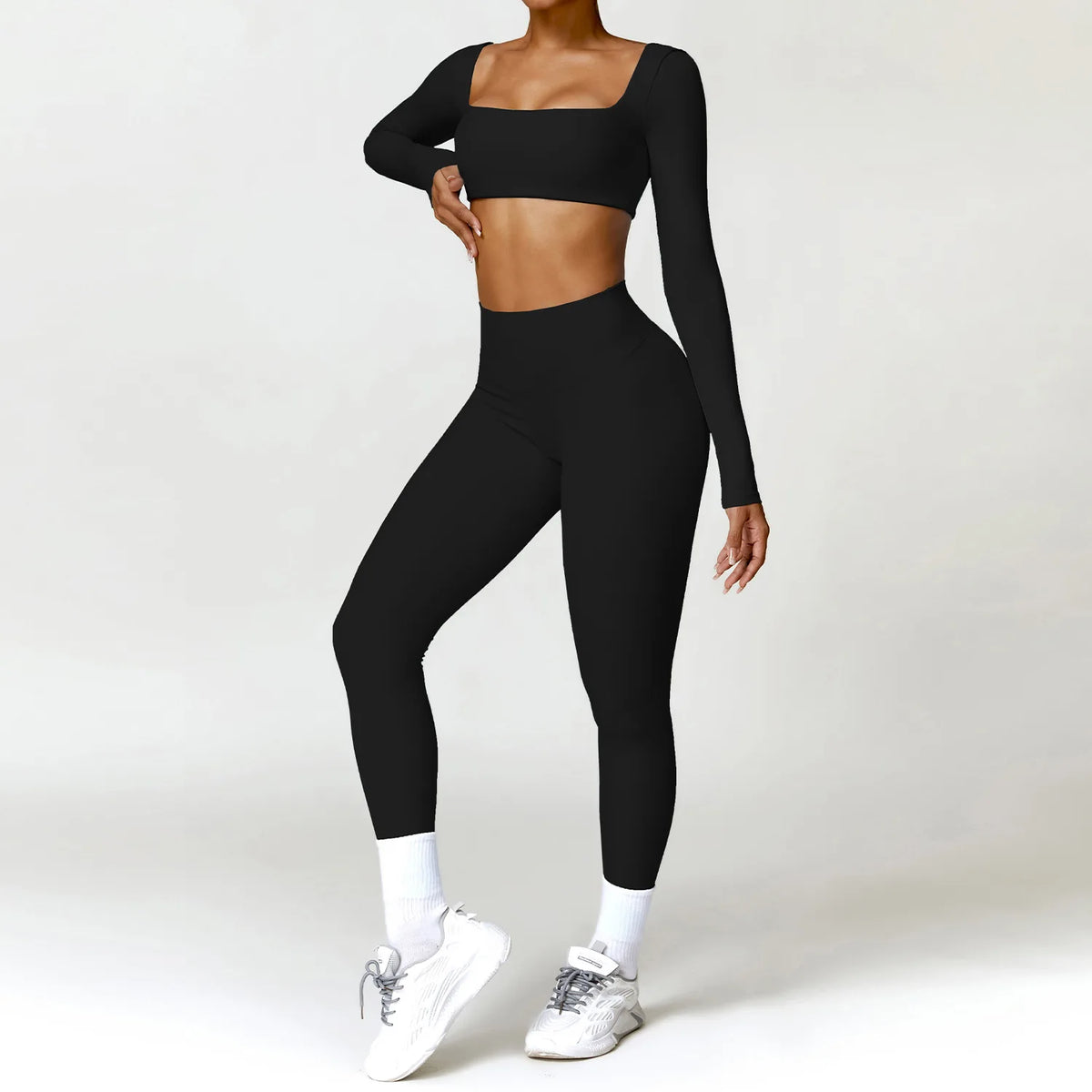 Hearuisavy Summer 2PCS Long Sleeve Gym Set Women Yoga Clothes Quick-Drying Sportswear Running Leggings Workout Sports Crop Top