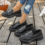 Women Chain Buckle Chunky Lug Sole Loafers, Black Patent & Faux Leather Slip‑On Platform Retro Business Casual Shoes
