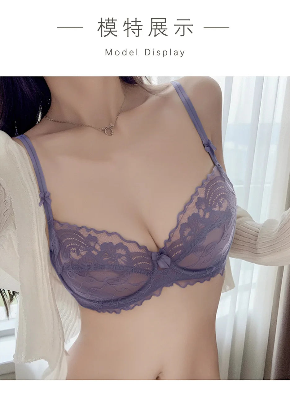 French Lace Lingerie Set Women Ultra Thin Sexy Underwire Bra&Panty Push Up Gather Breasts Pure Desire Large Breasts Support