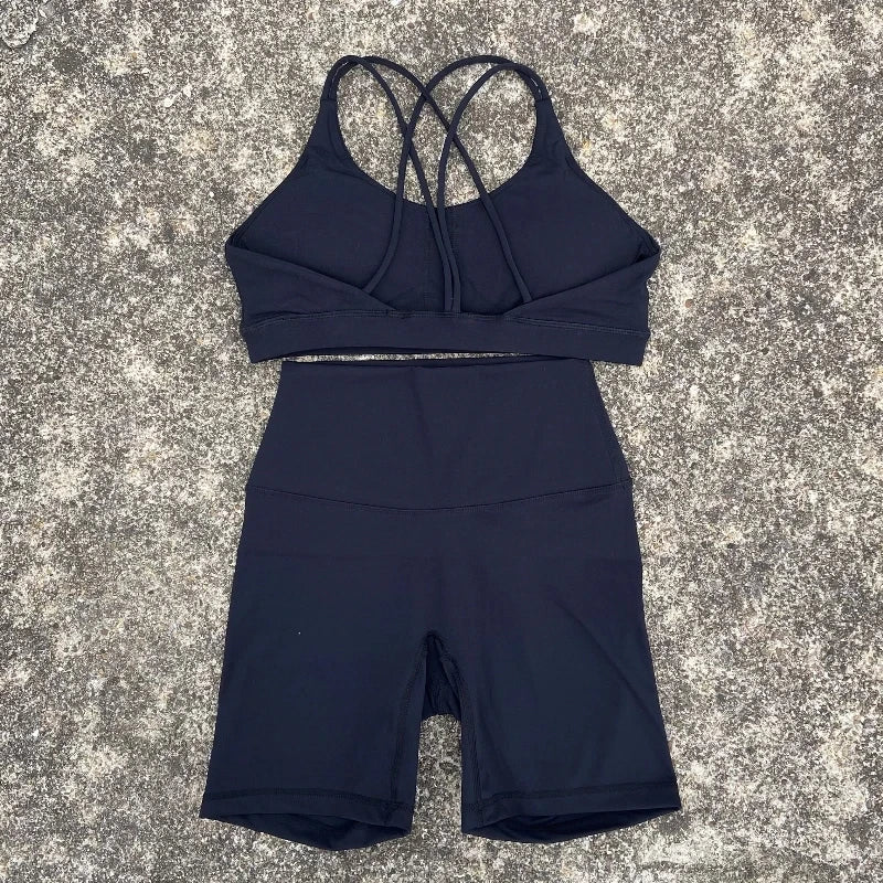 Solid Color Soft Women Gym Yoga Short Cycling Set Cross Back GymBra+High Waist Short Leggings High impact shockproof Sportwear