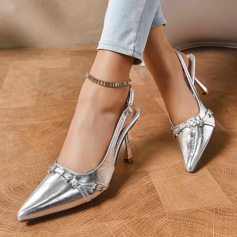 Punk Style Belt Buckle High Heels Sandals Women 2025 Sexy Pointed Toe Stiletto Heel Sheos Woman Back Strap Mules Sandles Female