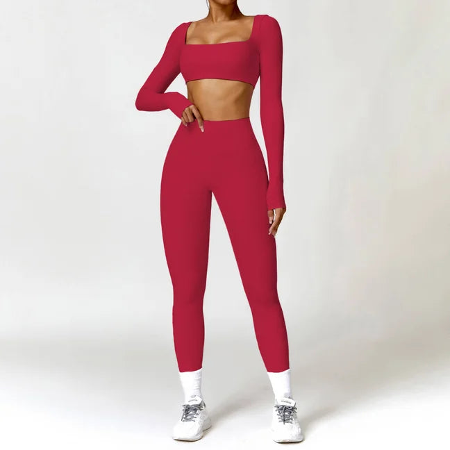Hearuisavy Summer 2PCS Long Sleeve Gym Set Women Yoga Clothes Quick-Drying Sportswear Running Leggings Workout Sports Crop Top