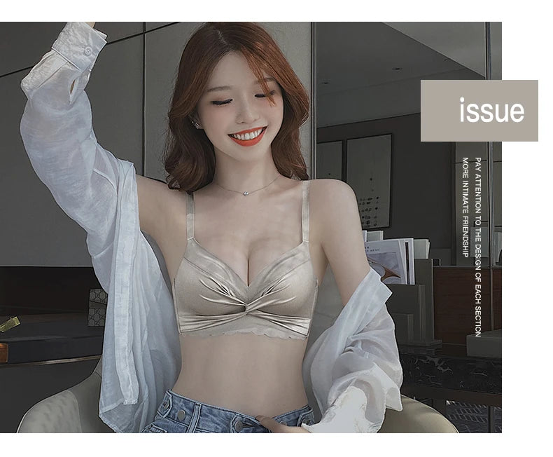 MOYISU Lingerie Women's Small Chest Gathering Summer No Underwire Retraction Breast Anti-sag Flat Bra Cover Underwear Set
