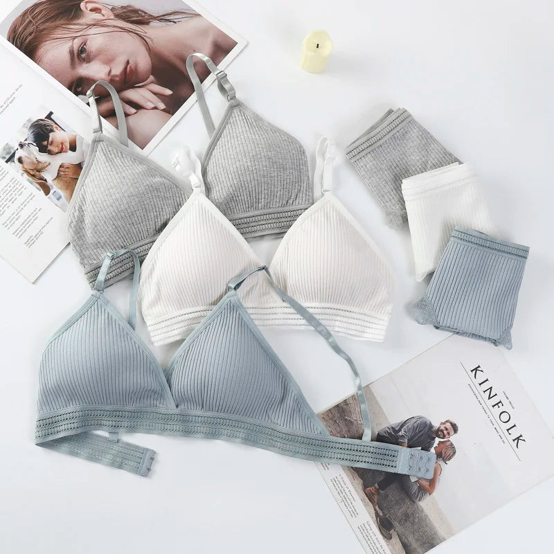 Women Padded Bra And Panties Set Low Waist Briefs Wire Free Bra Female Solid Color Underwear Sexy Lingerie Set One Size