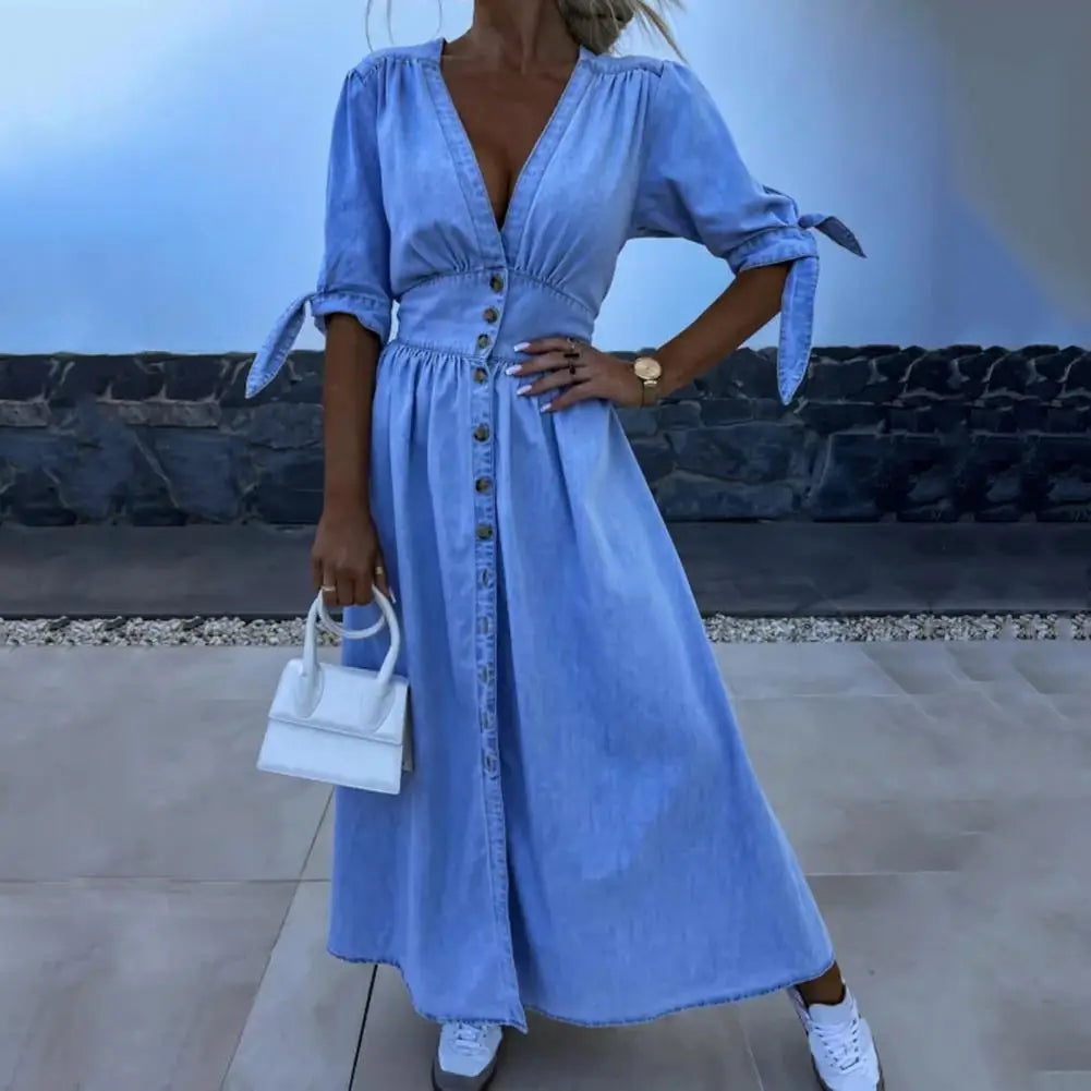 Women's Denim Long Dress Short Sleeve V-Neck Button Down Maxi Dress Casual Jean Dress for Spring Summer
