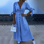Women's Denim Long Dress Short Sleeve V-Neck Button Down Maxi Dress Casual Jean Dress for Spring Summer