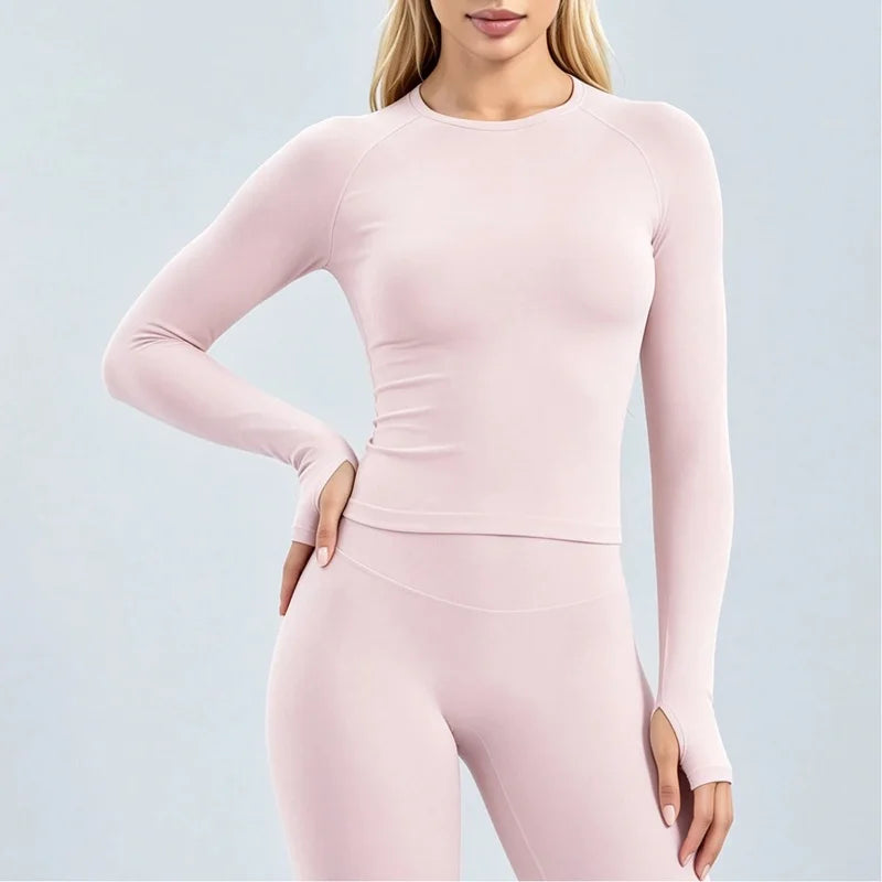 HISTELLO Defy Long Sleeve Top Women Fitness Pilates Clothes Seamless Round Neck Sports Shirt Slim Fit Activewear Gym Workout Top