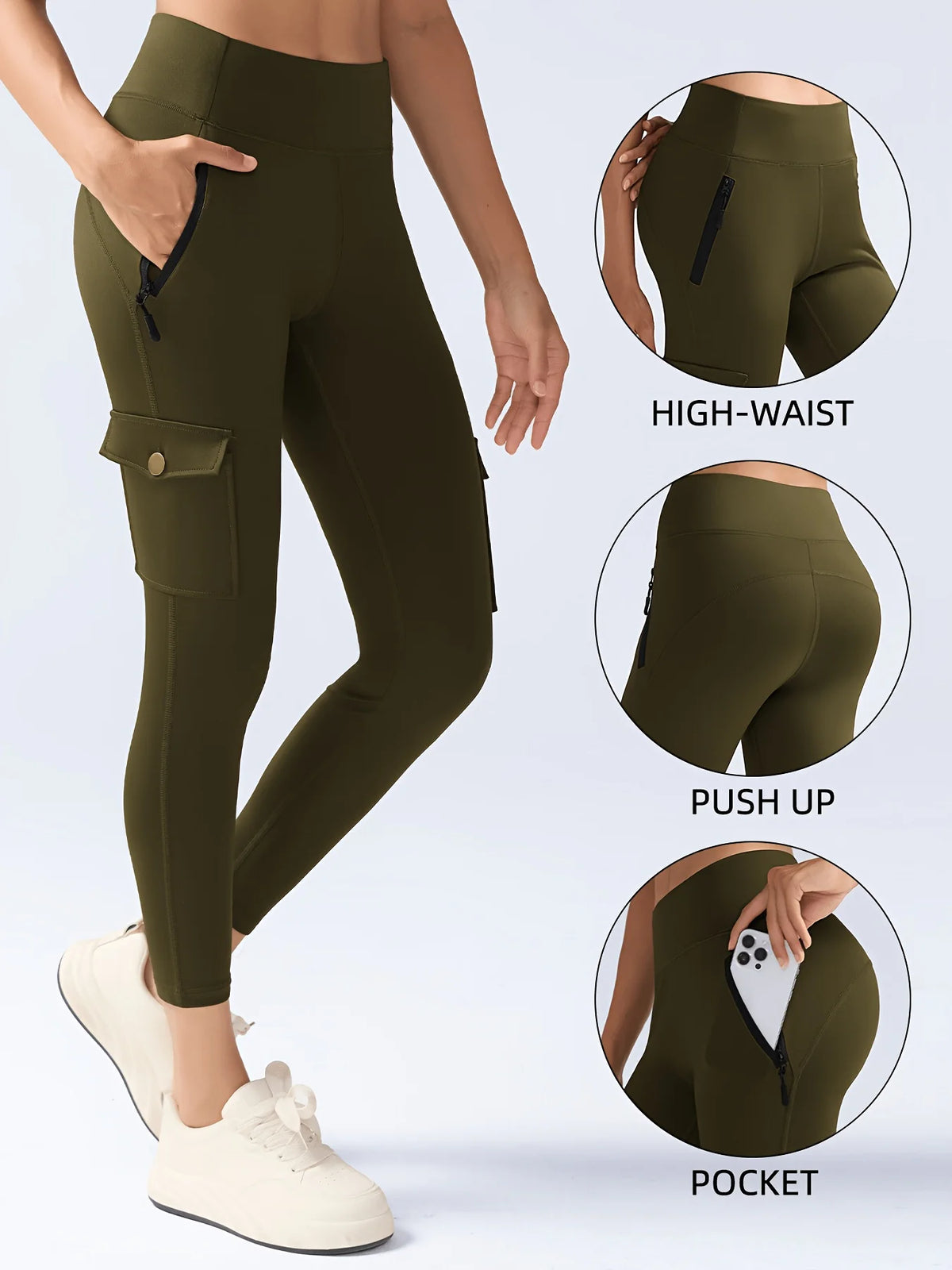 Women's Fitness Zipper Flap Pockets Cargo Leggings High-Waisted Workout Pants , Butt Lifting and Tummy-Control Tight For Casual