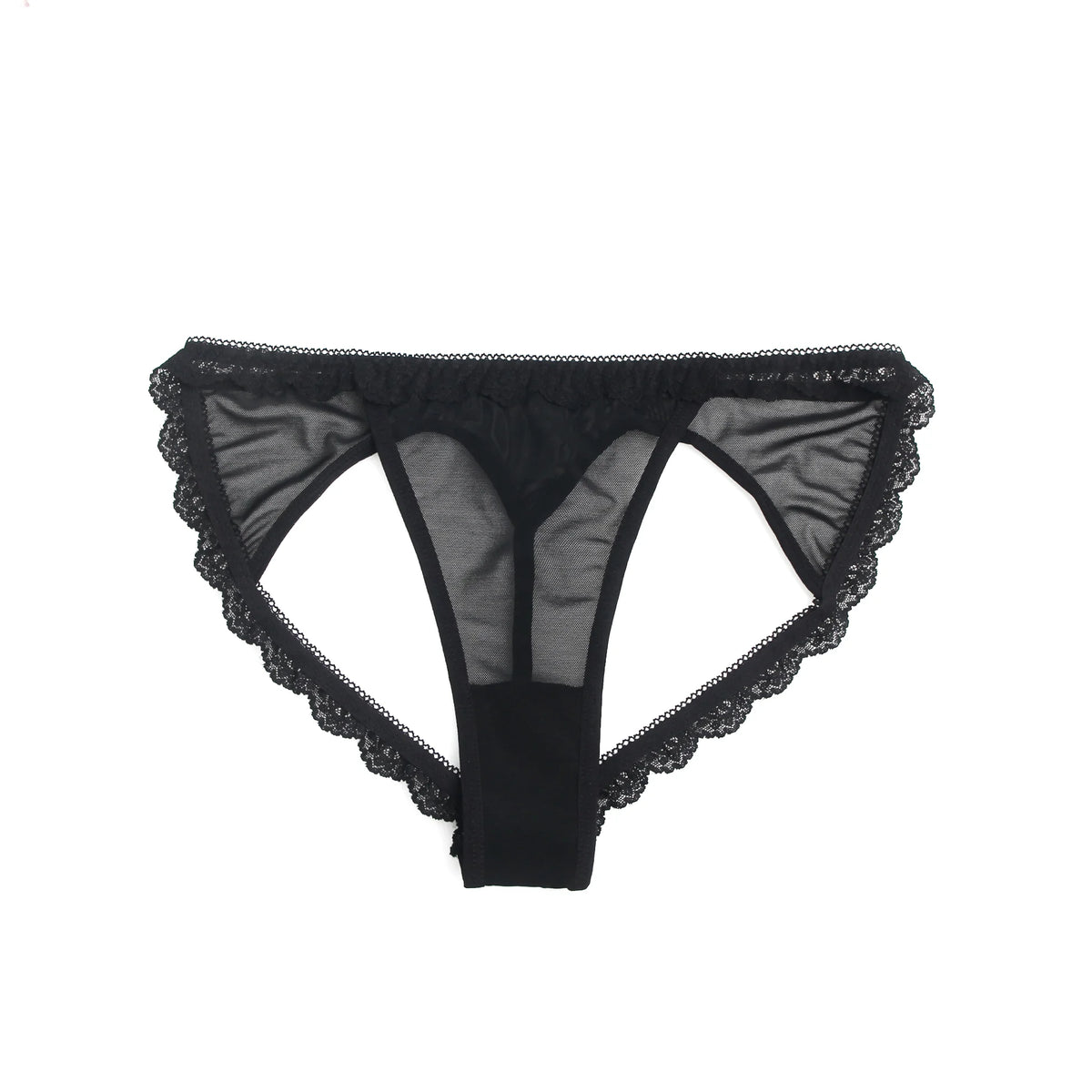 Black Mesh Lace Panty for Women Hollow Out Buttocks Thong Briefs Cotton Lined Sexy Underwear Plus Size S-2XL