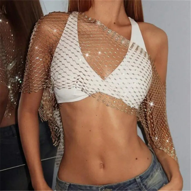 Women's Rhinestone Fishnet Mesh Top Sheer Sparkly One Shoulder Cover Up Crop Top Party Clubwear Festival Night Out Top