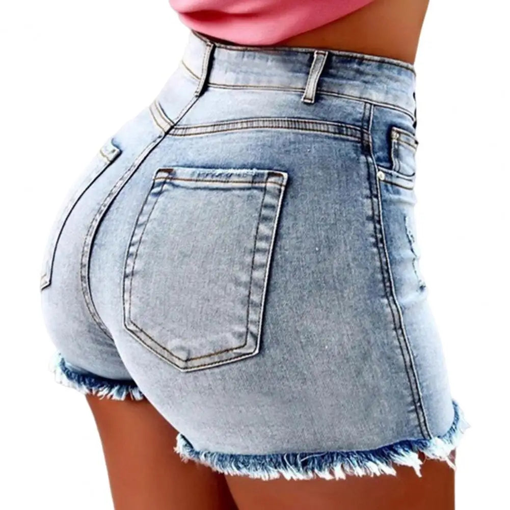 Summer Women Shorts High Waist Washed Retro Distressed Ripped Edge Butt-lifted Slim Fit Pockets Casual Club Party Short Pants