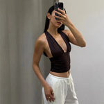 FDYOUI Sexy Deep V-neck Bandage Solid Crop Tops Women's 2026 Summer Halter Off Shoulder Sleeveless T-shirt Vacation Corset Top