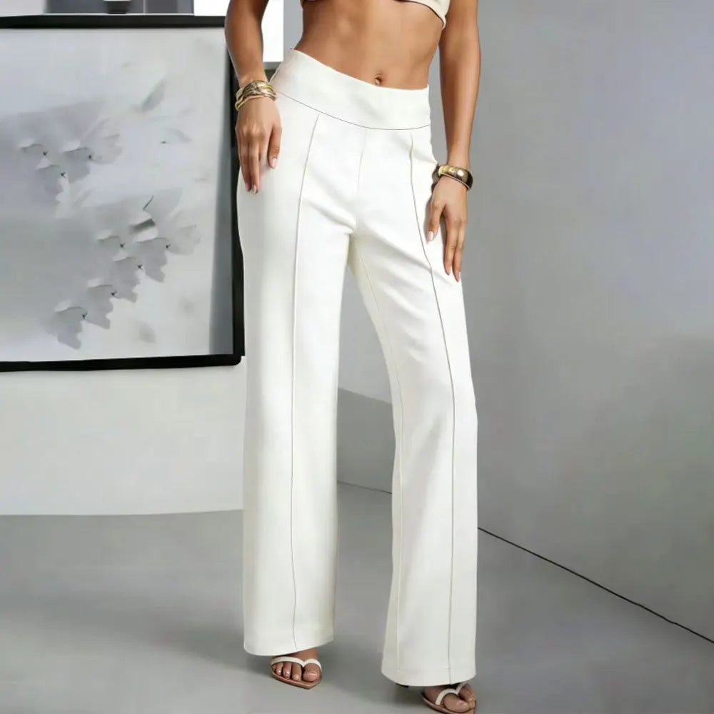 Womens Elegant High Waist Straight Pants Simple Office Formal Wear White Soft Elastic Quick Dry Wide Leg Trouser Commute Outfits