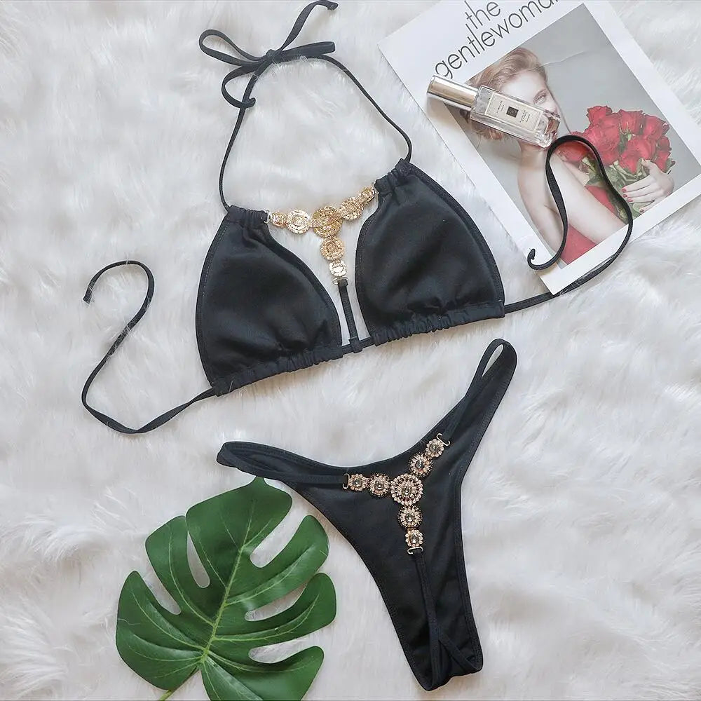 DEKA New Sexy One-shoulder Bikini Female Thong Swimsuit Women Diamond Swimwear Two-pieces Bikini Set Bather Bathing Suit Swim