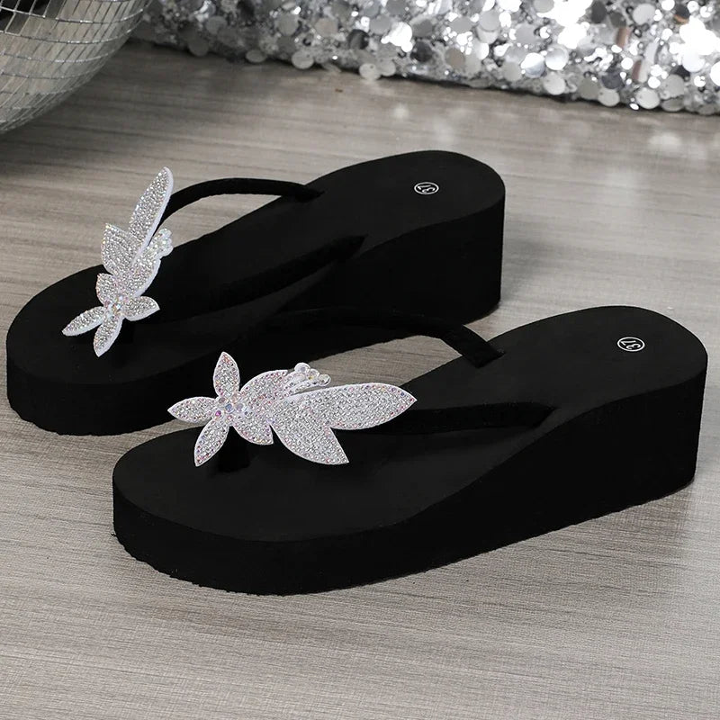 Shiny Sequins Decor Wedge Flip Flops for Women Luxury Open Toe High Heel Sandal Woman 2025 Vacation Beach Non Slip Slides Female