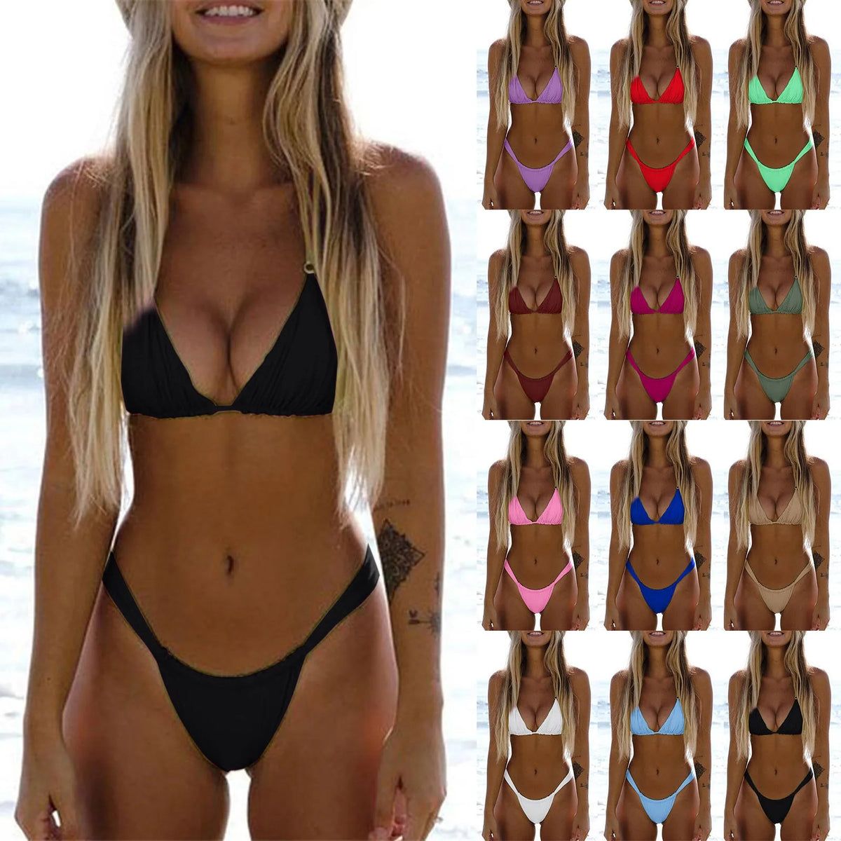 Sexy Bikini Set Two Piece Swimsuit Bikini Set Push Up Bra Solid Thong Women Swimwear Beachwear Bathing Suit Traje De BañO 2024