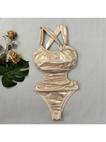 Sexy Gold One Piece Swimsuit 2025 Women Halter Neck Pleate Backless Tummy Control Swimwear Beach Bathing Suit Holiday Monokini