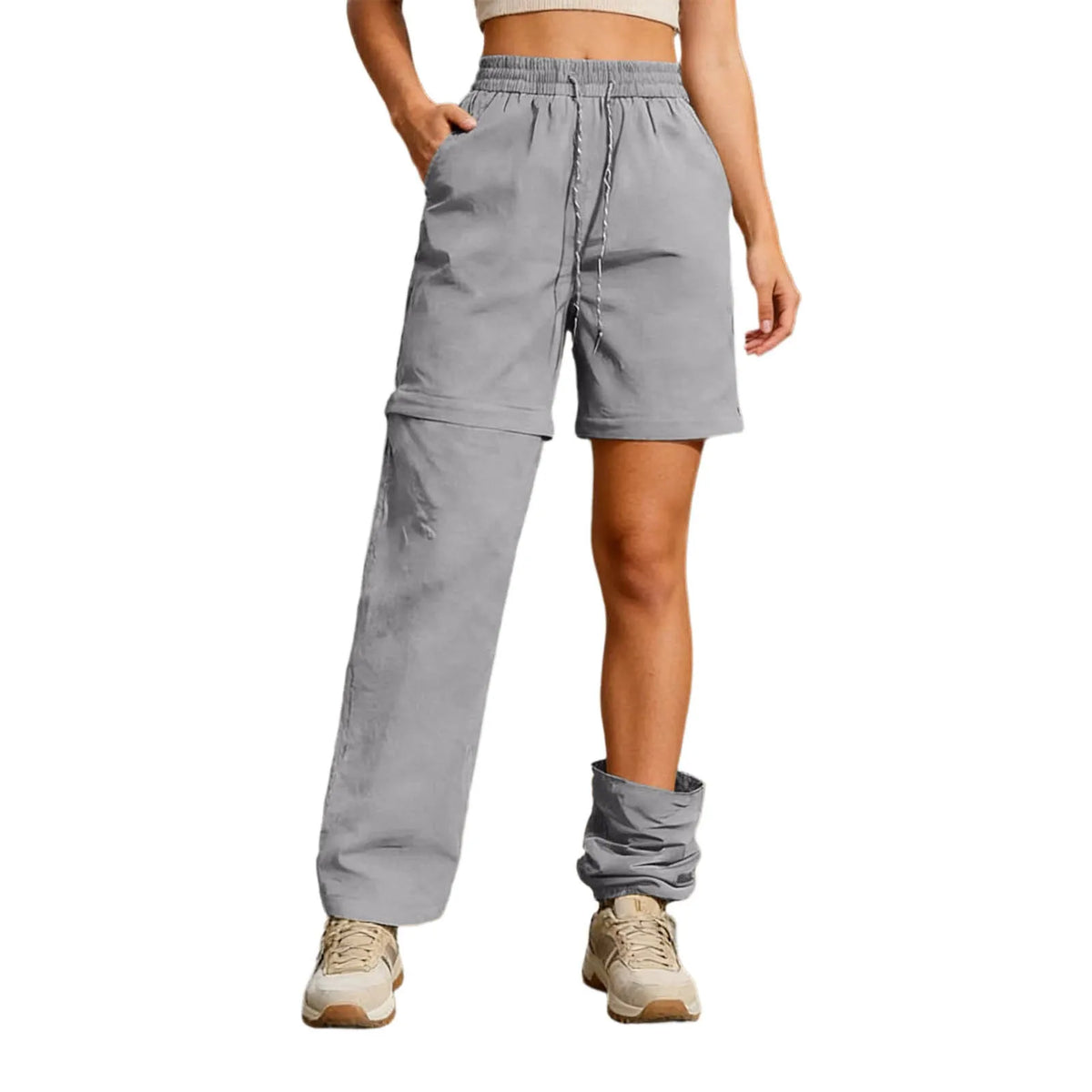 Women's Casual Waterproof Hiking Pants Loose Fit Zip Off Convertible Shorts High Waist Drawstring Wide Leg Pants With Pockets