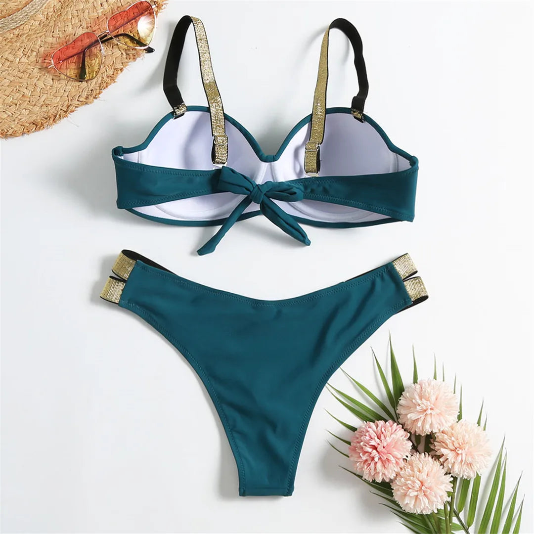 New S - XL Bra Bikini Push Up Swimsuit Female Swimwear Women Two-Pieces Bikini Set With Cup Bather Bathing Suit Swim Lady V2310