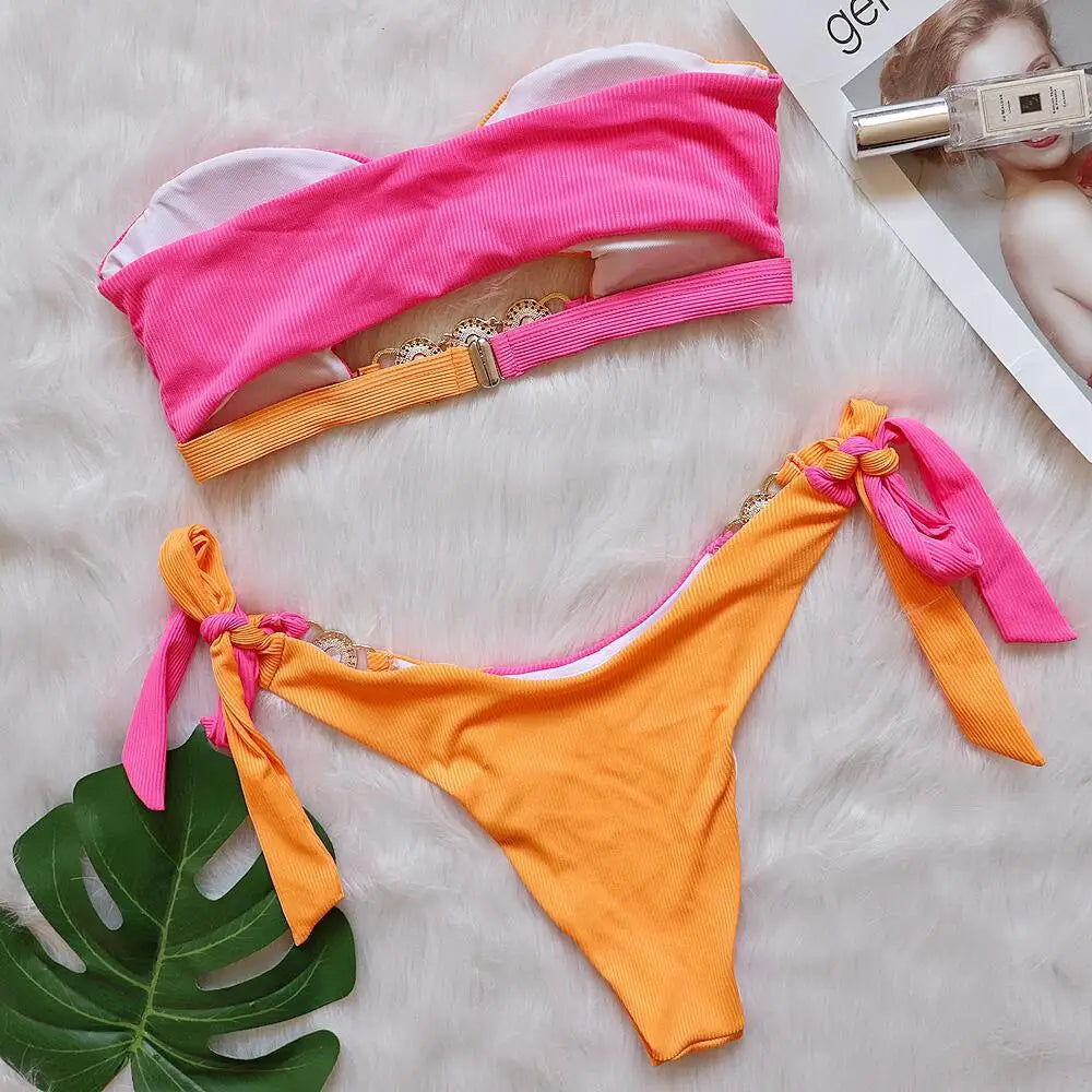 Luxuryt Bandeau Bikini 2025 Woman Sexy Orange Patchwork Cut Out Rhinestone Swimsuit Bathing Suit Thong Swimwear Traje De Baño