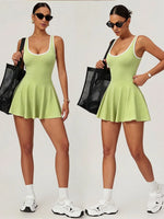 Naked Breathable Tennis Dresses with Built-in Pocket Shorts Women Color Contrast Hollow Out Backless Sports Golf Pleate Dress
