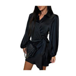 Party Club Short Dress Women's Satin Shirt Dress V Neck Long Sleeve Wrap Dresses Casual Tie Waist Mini Dress