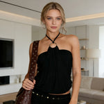 Women's Halter Neck Tops Sleeveless Metal Ring Front Slim Fit Solid Color Tops Summer Vest