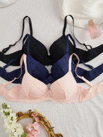 3PCS/Set Lace Trim Women Bras Solid Vertical Stripe Cup Sexy Lingerie Push Up Underwire Fashion & Daily Braet