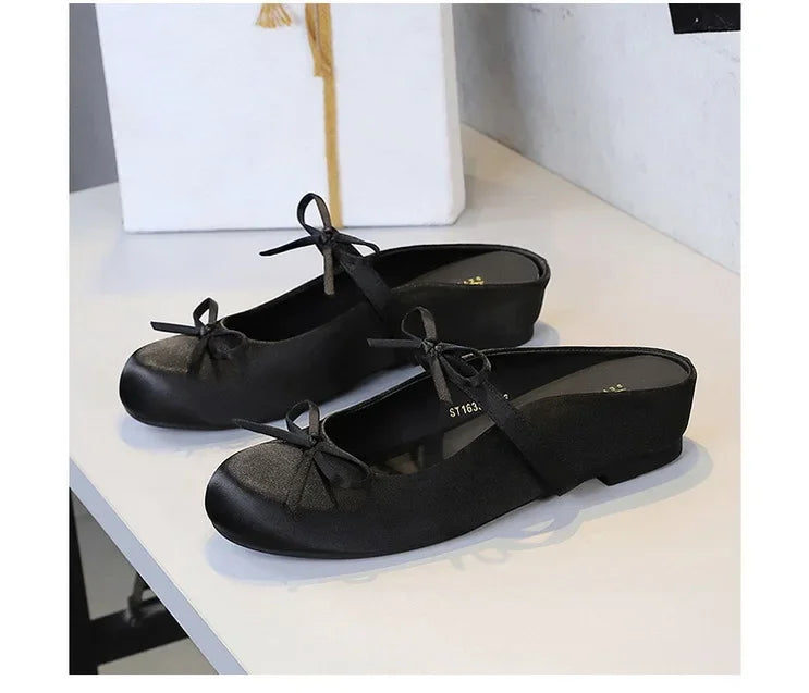 BIGTREE Satin Bow With One Strap With Shallow Mouth Half-Tugging Women's Hollow Inner Heightened Round-Head Sandals Comfortable