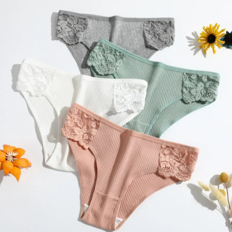 4Pcs/Set Cotton Panties Women Low Rise Briefs Breathable Underwear Solid Color Lace Trims Panty Female Underpants Sexy Lingerie