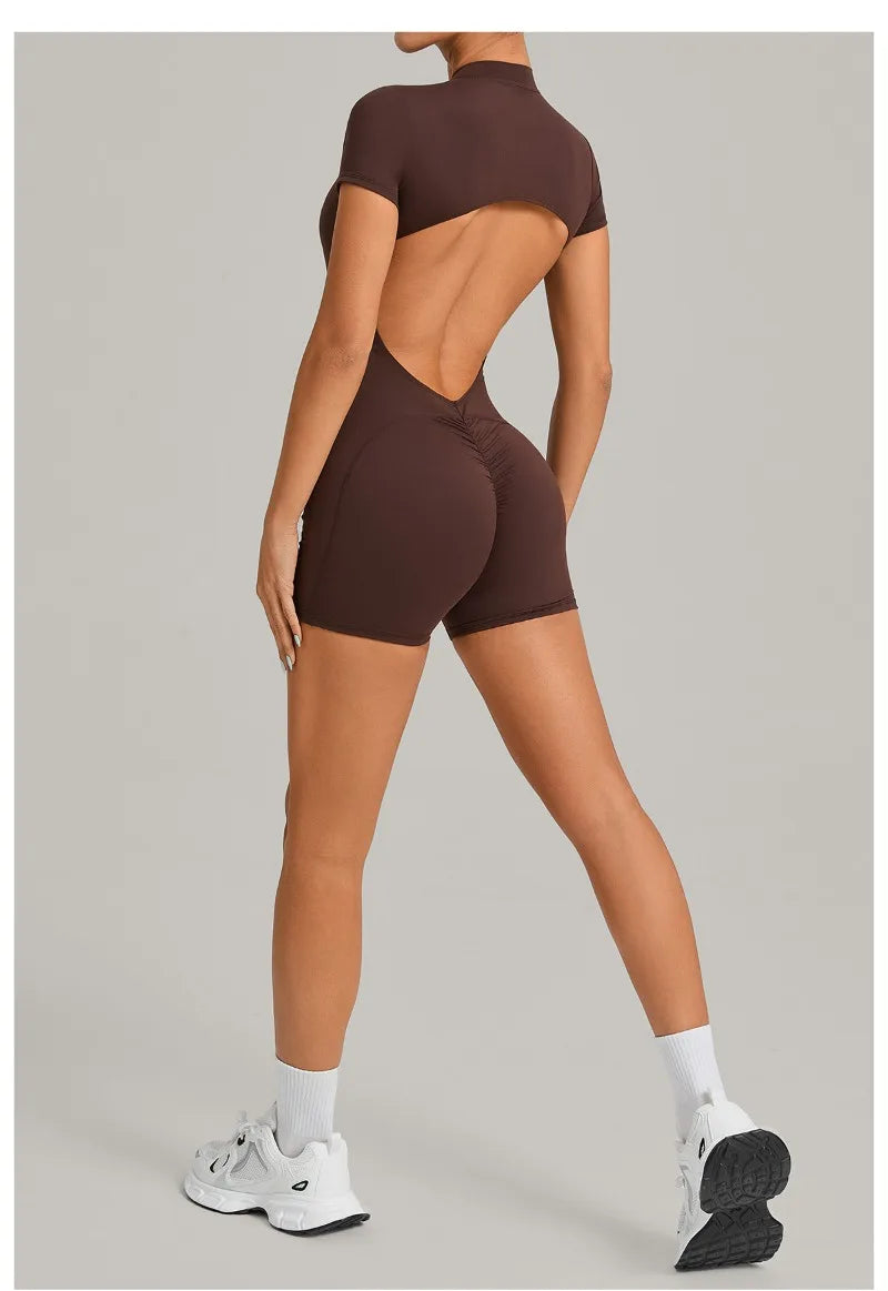 Women's Seamless Yoga Jumpsuits Sports Fitness Beauty Back Slim Fit Short-Sleeves One-Piece Workout Gym Training Bodysuits