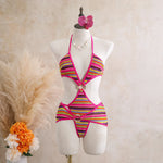 Sexy Black Stripe Knitted One Piece Swimwear Skirts Sets 2026 Women Metal Circle Hollow Out Backless Bathing Suit Thong Swimsuit