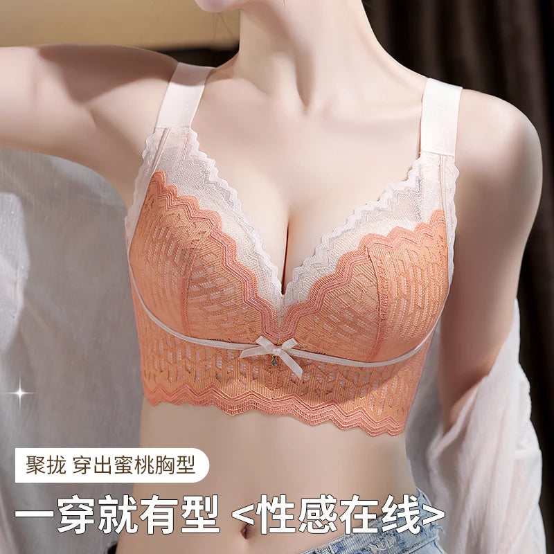 Thin WireFree Underwear Women Thin Style Large Chest Show Small Bra Gathered Adjusted Breast Closure No Steel Ring Bra 80-120CDE