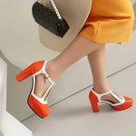 Spring Autumn New Style Fashion High-heeled Women's Shoes Color Block Round Head Shallow Mouth Buckle Square Heel Women's Shoes