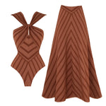 2Pcs Striped Swimsuit With Long Skirt Sexy Women Bikini Push Up Swimwear Halter Biquini Female Bathing Suit Slimming Beachwear